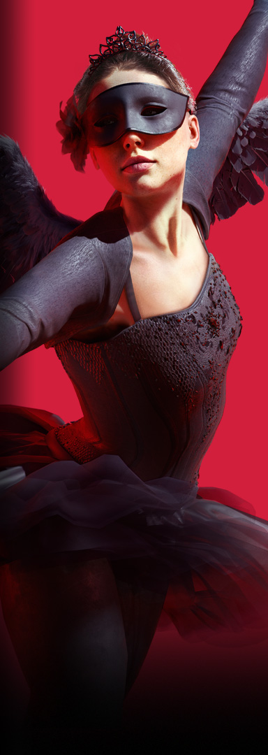 A character wearing a black dress and mask poses in front of a red background.