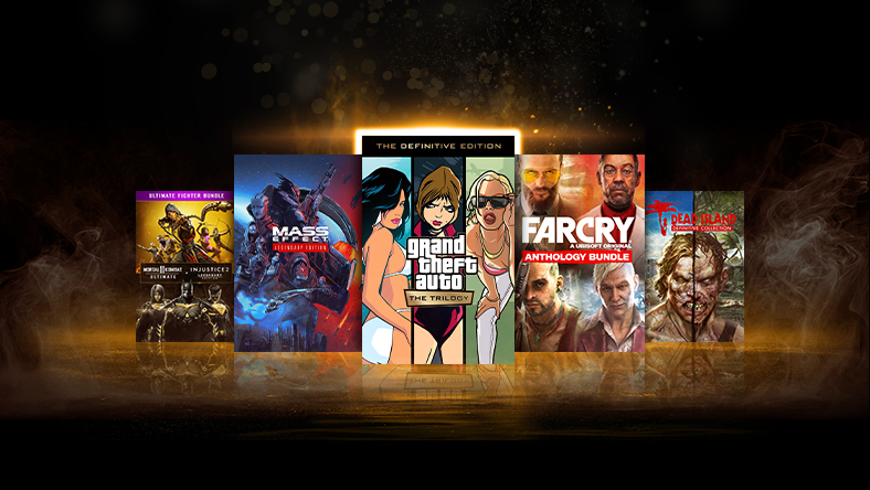 Box art from games that are part of Bundles Sales, Mass Effect Legendary Edition, Grand Theft Auto The Trilogy, and Far Cry Anthology Bundle. 