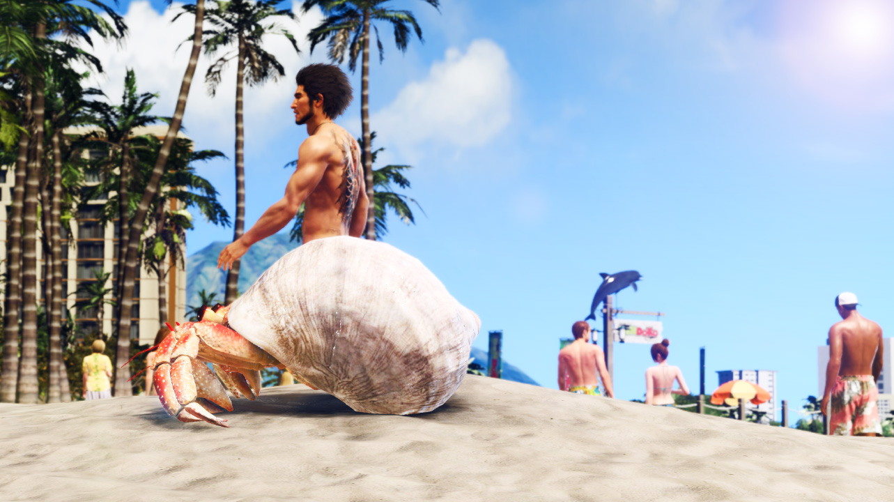 A man with a Yakuza tattoo walks along a beach with a hermit crab blocking his lower half.