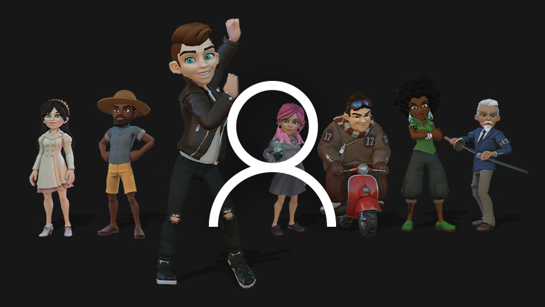 A lineup of Xbox avatars are shown behind a profile icon.