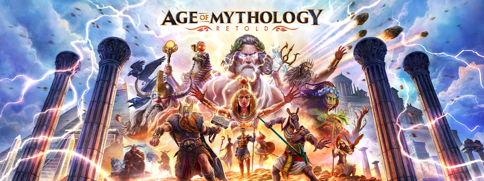 Logotipo de Age of Mythology: Retold, dioses y mitos de la historia posan juntos y descienden del cielo.