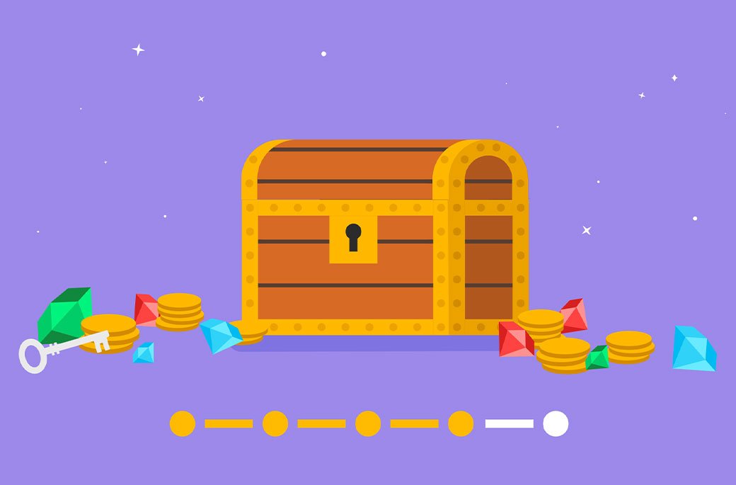 A treasure chest with coins, jewels, and a key scattered around it