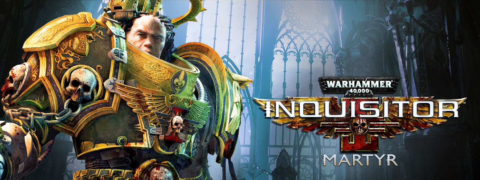 Warhammer 40.000: Inquisitor, Martyr. Ein Inquisitor steht in einer extravaganten Kathedrale.