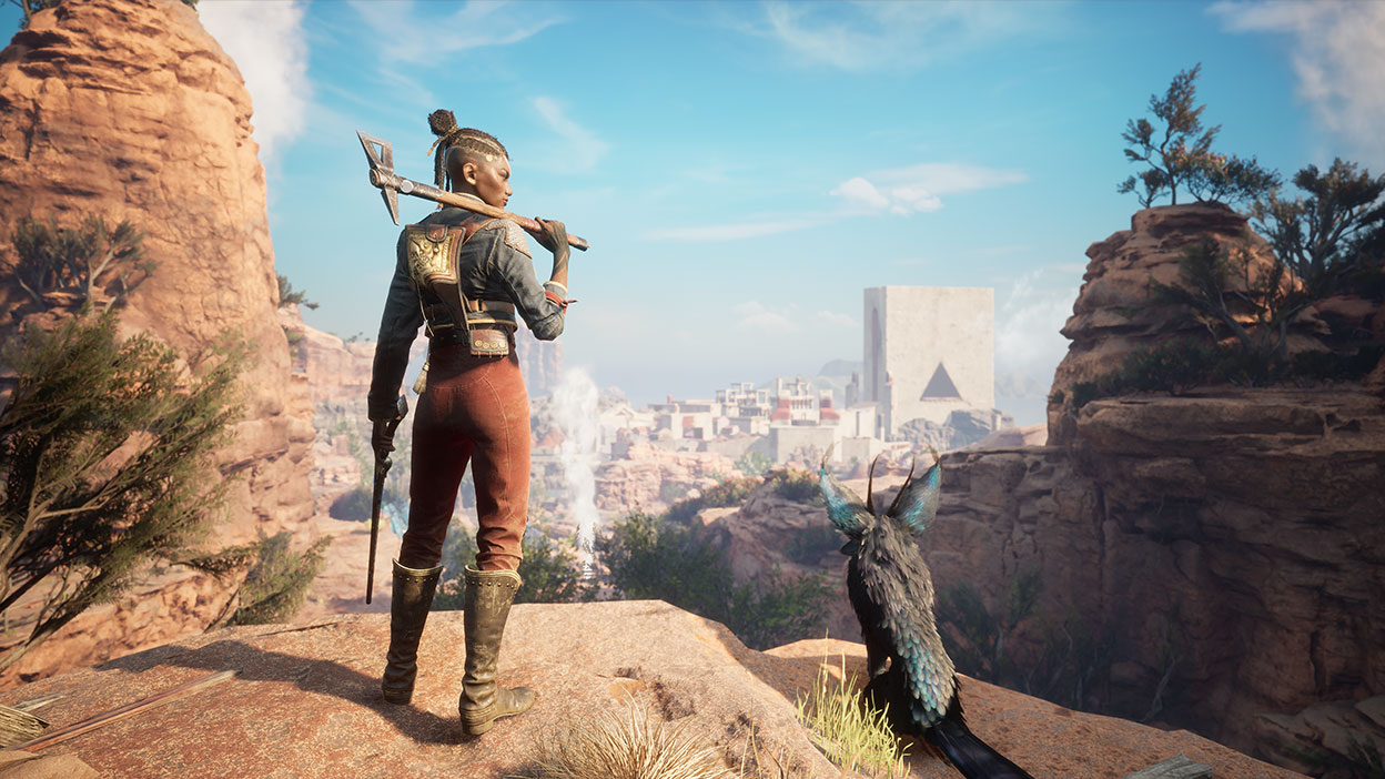 Nor and Enki look out over a city in the desert.