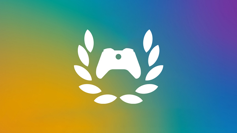 Gökkuşağı renklerini içeren bir gradyandan oluşan arka planın üzerinde Xbox Elçisi logosu