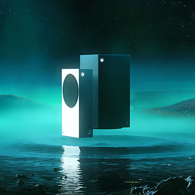 An Xbox Series X and Xbox Series S hover above an ethereal body of water with a ripple radiating outward beneath the consoles