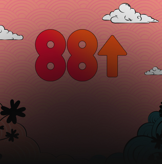 88rising. An 88 is pictured next to an up arrow. In the background, illustrated ocean waves, clouds, and flowers.
