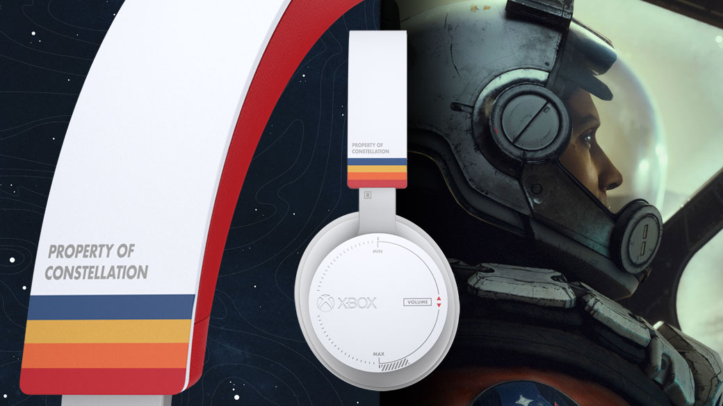 Xbox 無線耳機 – Starfield 限量版的頭環細節畫面和耳機畫面，有個角色穿戴著噴射機飛行員裝備。