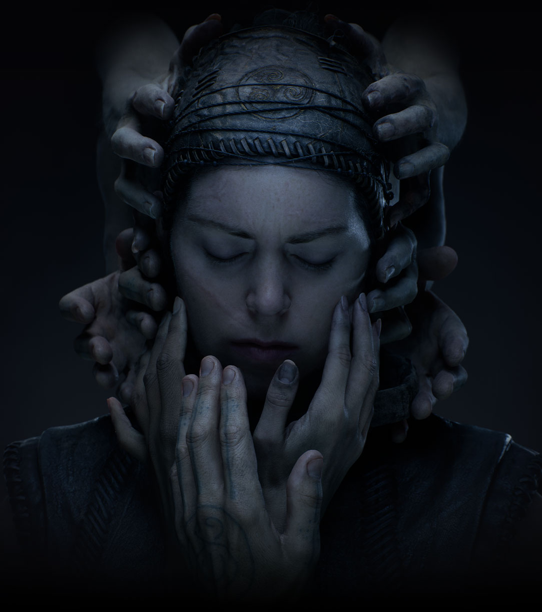 Senua peers into the darkness as a mass of hands grasp around her face.