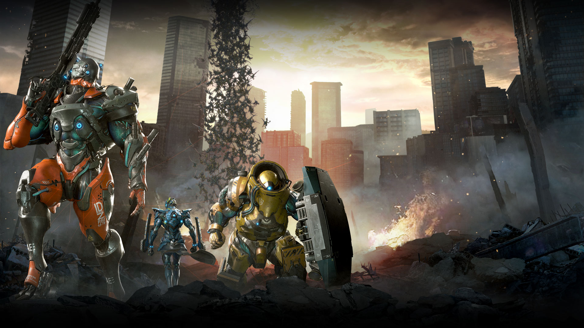 Three mechanised suits stand among urban rubble, dinosaurs cascade from the sky.