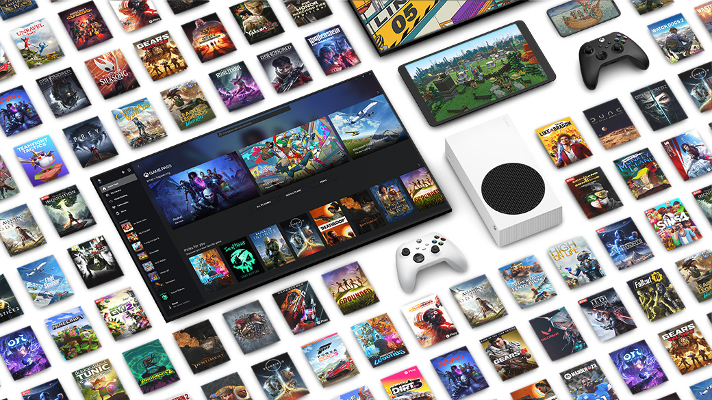 An array of box shots surrounding a TV, Xbox Series S and a tablet.