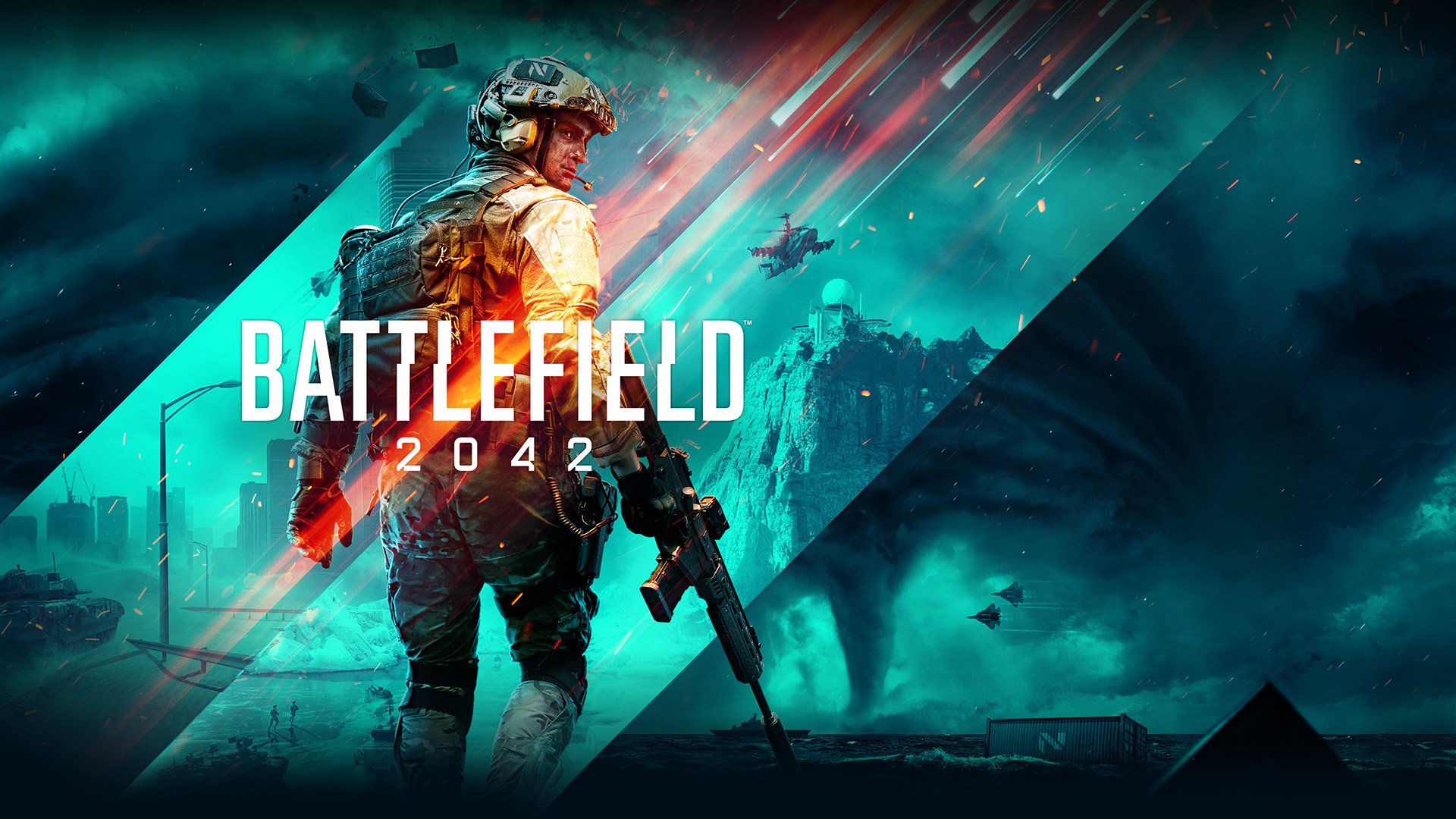 Battlefield 2042, een soldaat kijkt terug over zijn schouder met een collage van verschillende oorlogsomgevingen op de achtergrond