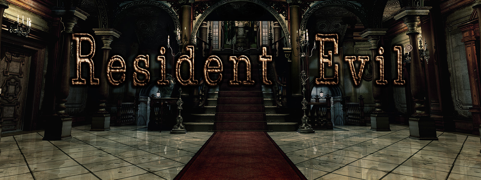 Resident Evil, scène d’un passage arqué avec des escaliers recouverts d’un tapis rouge