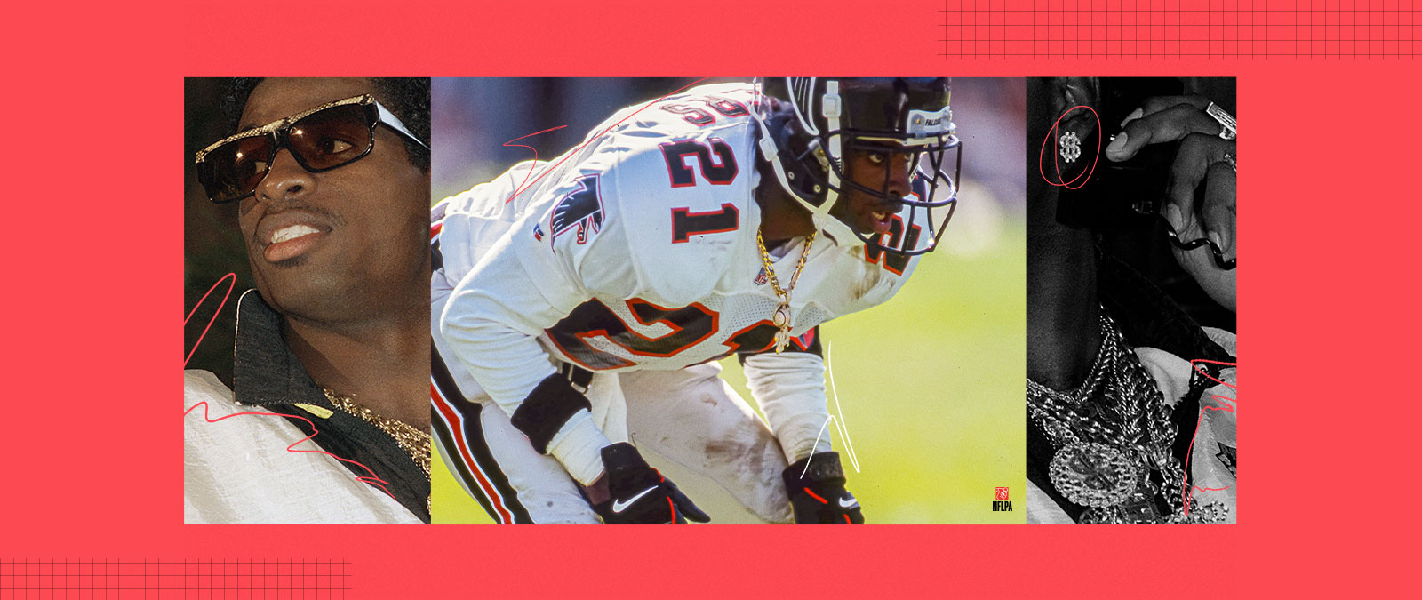 Logotipo de NFLPA, collage de Deion Sanders jugando al fútbol y mostrando joyas.