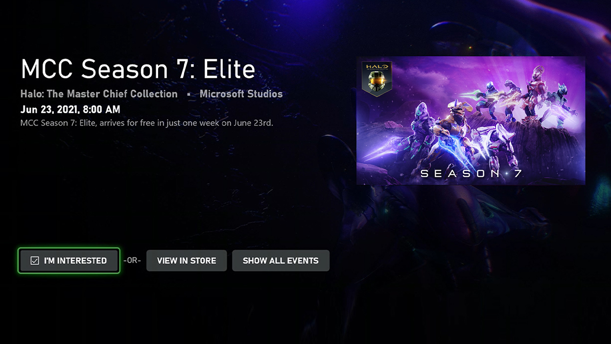 Ein Screenshot des MCC Season 7: Elite-Events, mit hervorgehobener Schaltfläche „I'm Interested“.