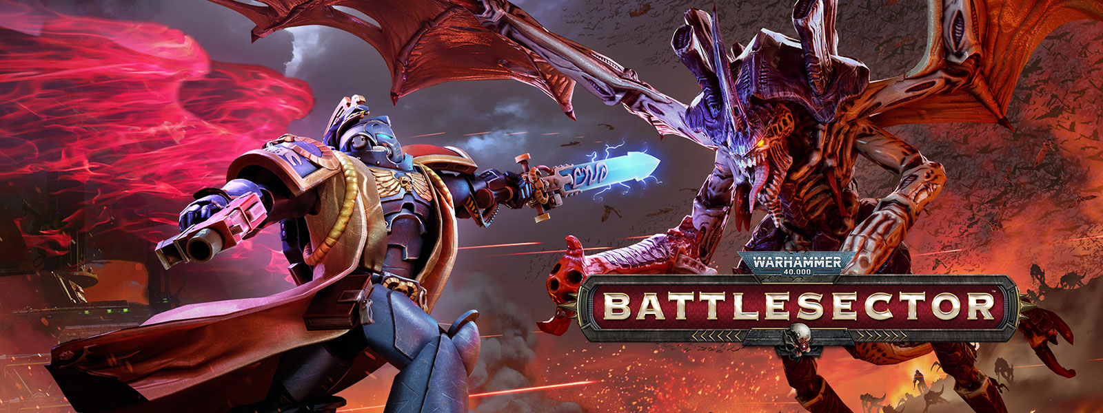 Warhammer 40,000 : Battlesector, un Librarian affronte le Hive Tyrant dans un combat.