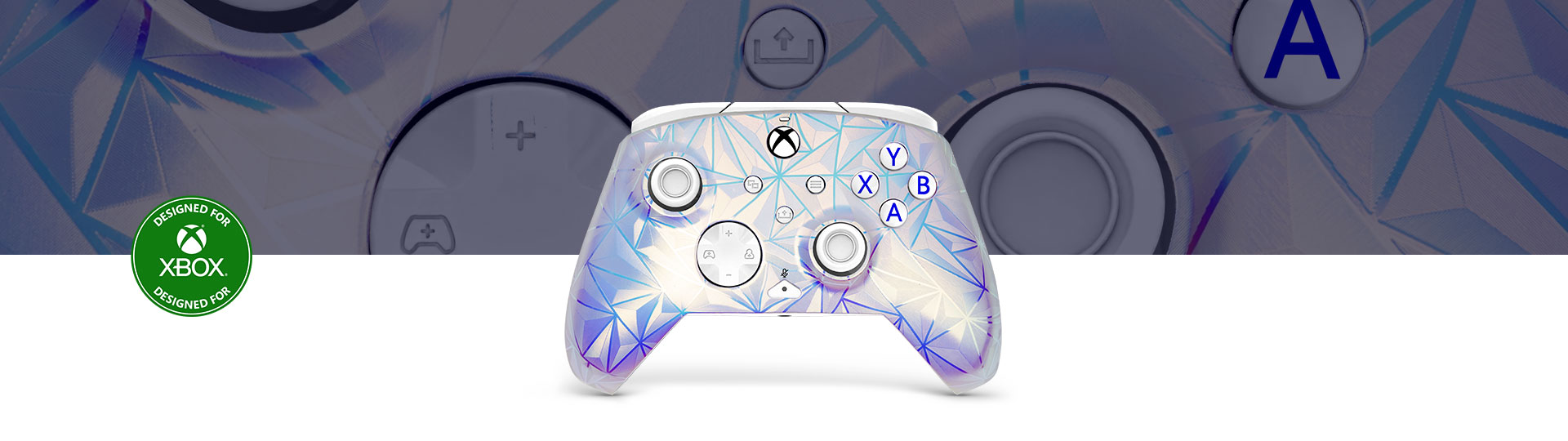Designed for Xbox Seal, Front view of the PDP Rematch Wired Controller - Frosted Diamond with close-up view in the background.