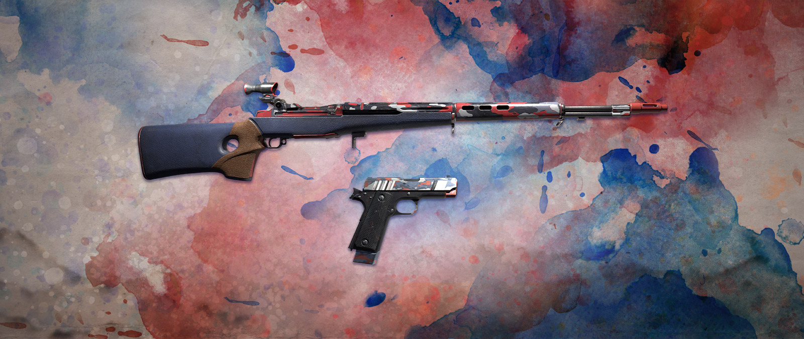 Two weapons on a watercolor background of red white and blue 