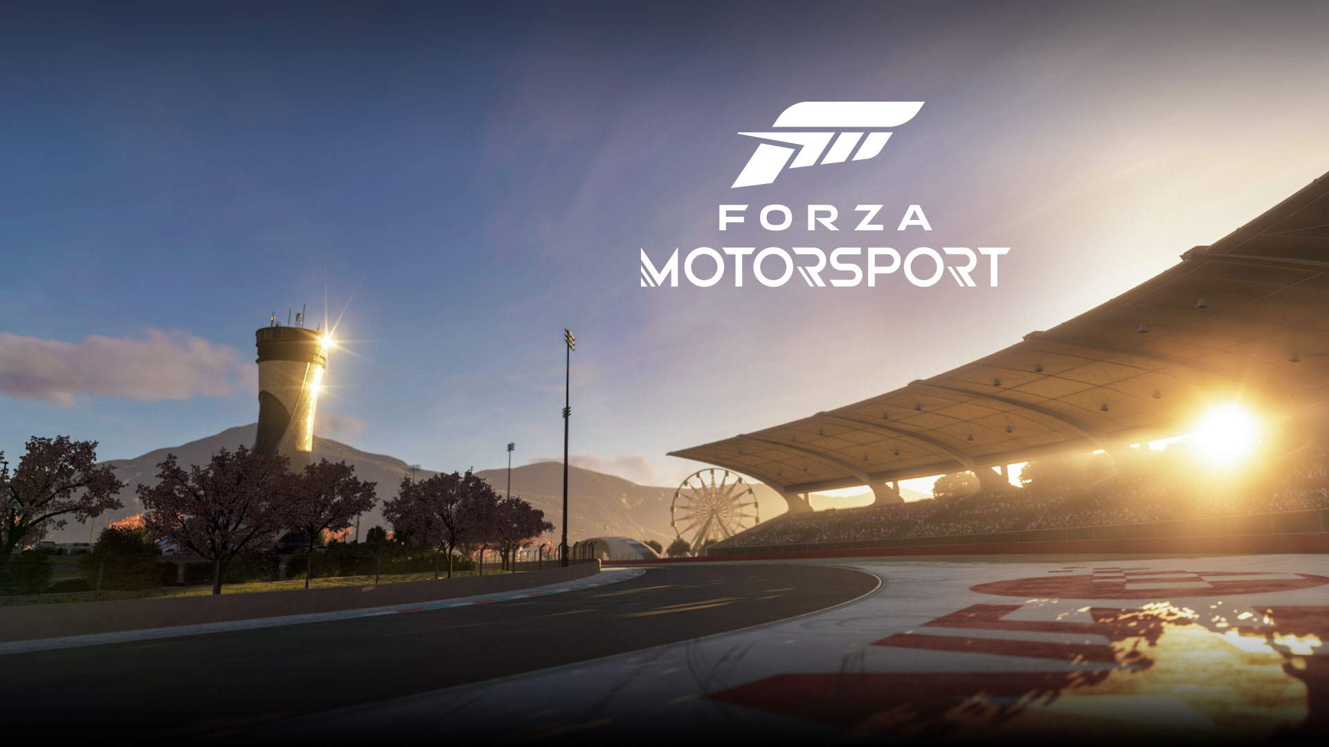 Forza Motorsport, una puesta de sol brilla sobre una pista de carreras.