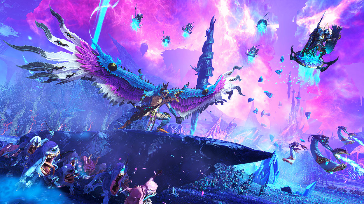 A two-headed, winged creature shrieks in front of a vivid pink and blue sky.