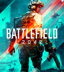 Battlefield 2042, Ein Soldat blickt zurück über seine Schulter mit einer Collage von verschiedenen Kriegsumgebungen im Hintergrund.