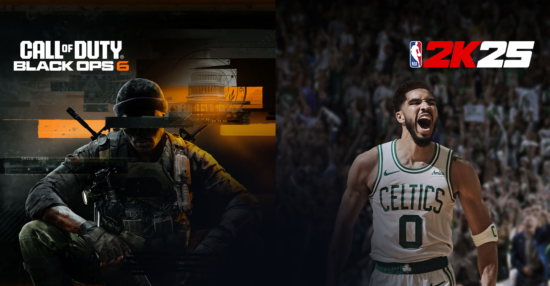 Logotipo de Call of Duty Black Ops 6, logotipo de NBA 2K25, un soldado de operaciones encubiertas agachado con dos pistolas en la mano y Jayson Tatum con la camiseta número 0 de los Boston Celtics gritando en la cancha.