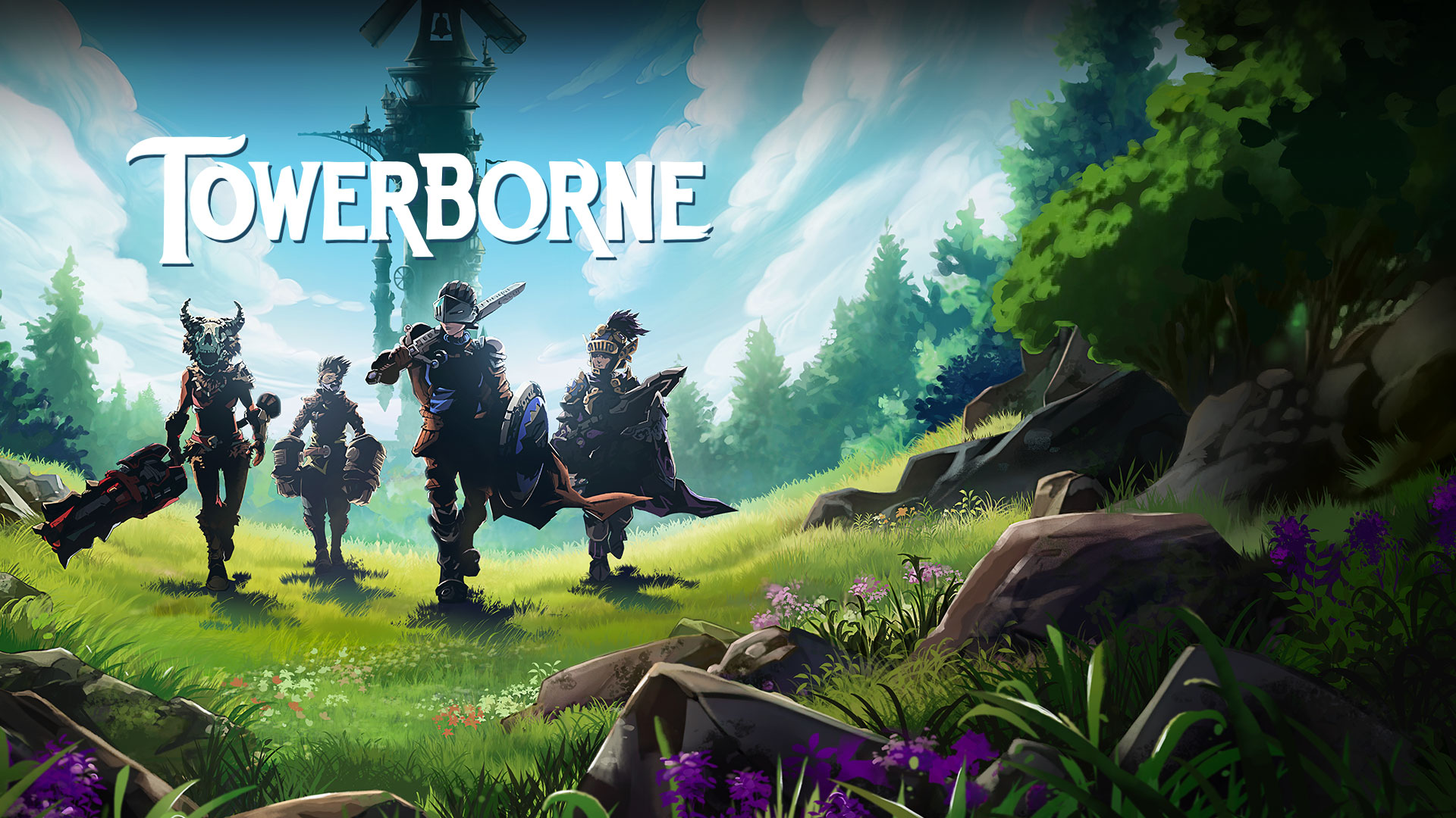 Towerborne, en la sombra del campanario, un equipo unido camina con orgullo hacia un bosque frondoso.