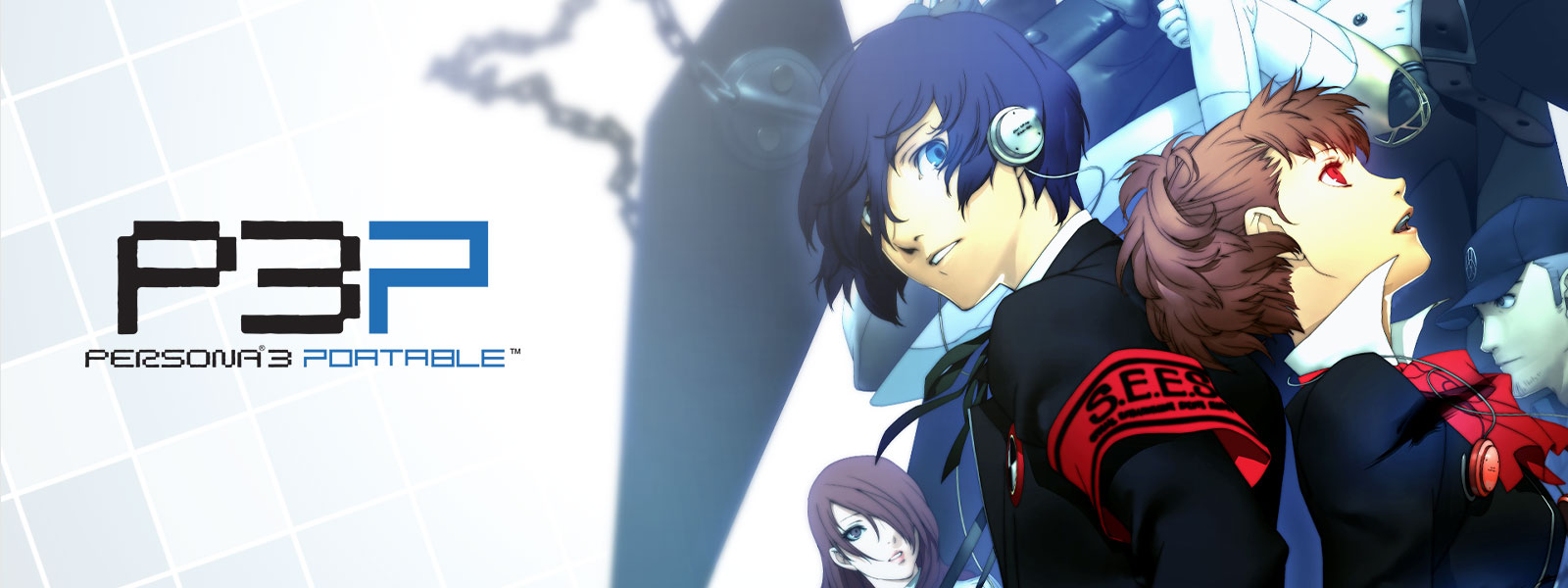 P3P, Persona 3 Portable, Two characters from Persona stand back to back with other characters behind them.