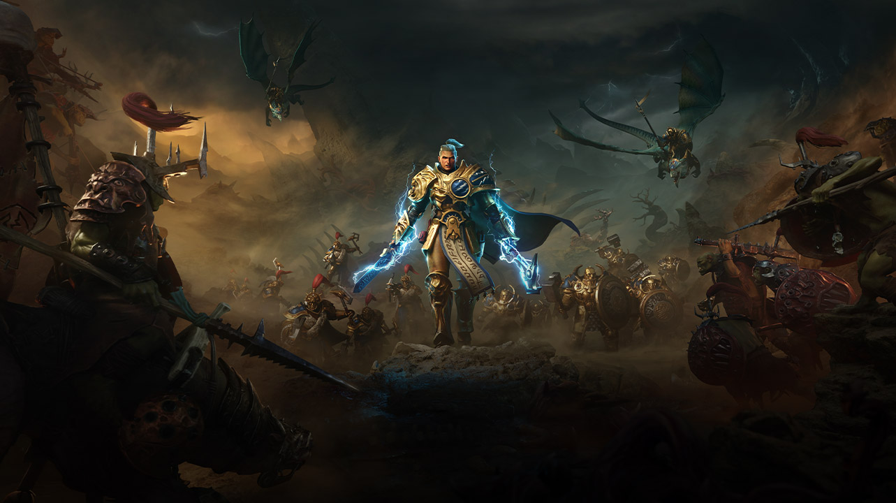Um homem e seus aliados caminham em direção a um exército de orcs em um campo de batalha enquanto empunham duas armas que brilham com uma luz azul.