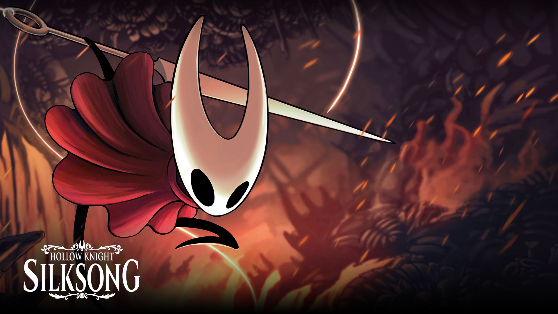 Hollow Knight Silksong, Eine Figur mit weißer Maske und rotem Umhang springt durch die Luft und schwingt ein dünnes Schwert. 