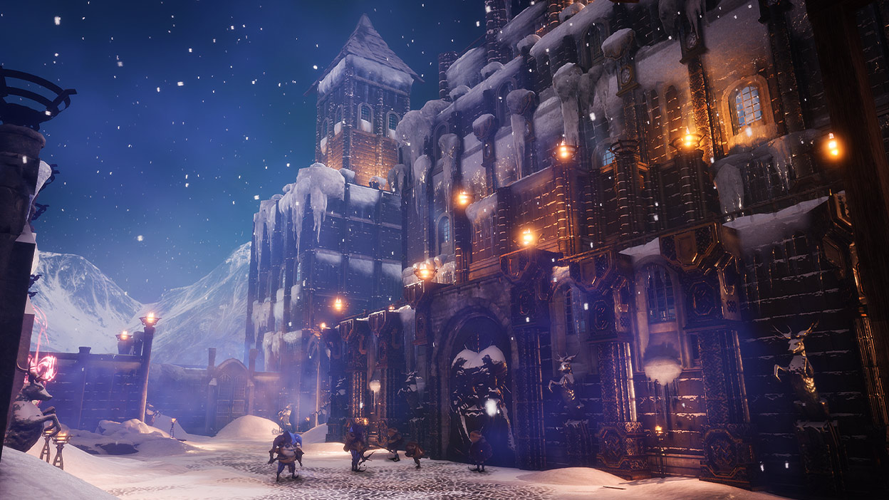 A large building and street covered in snow with creatures walking