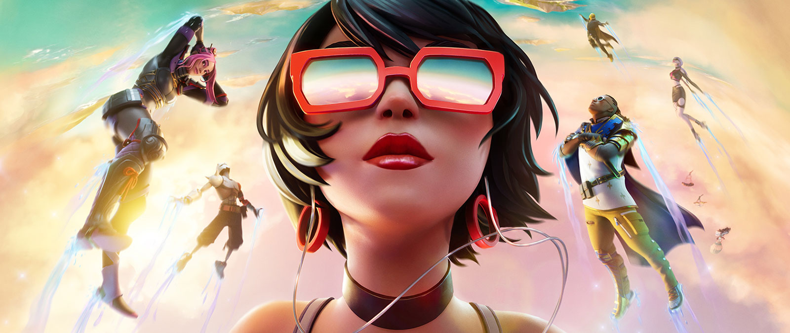 Una chica con gafas de sol rojas flota en las nubes con otros personajes contra un cielo de color pastel.