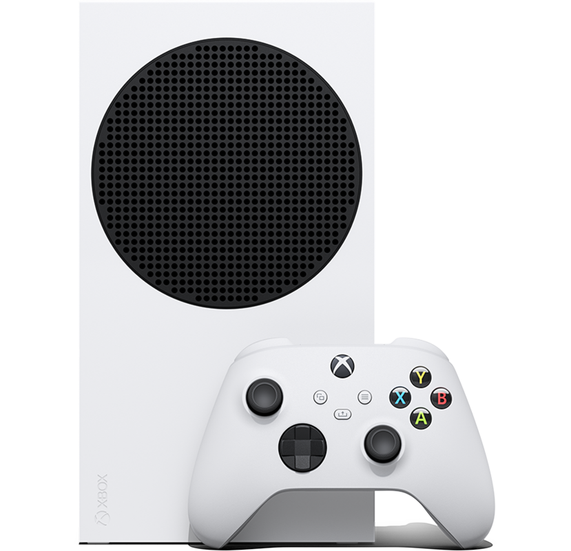 Front angle of the Xbox Series S with an Xbox wireless controller