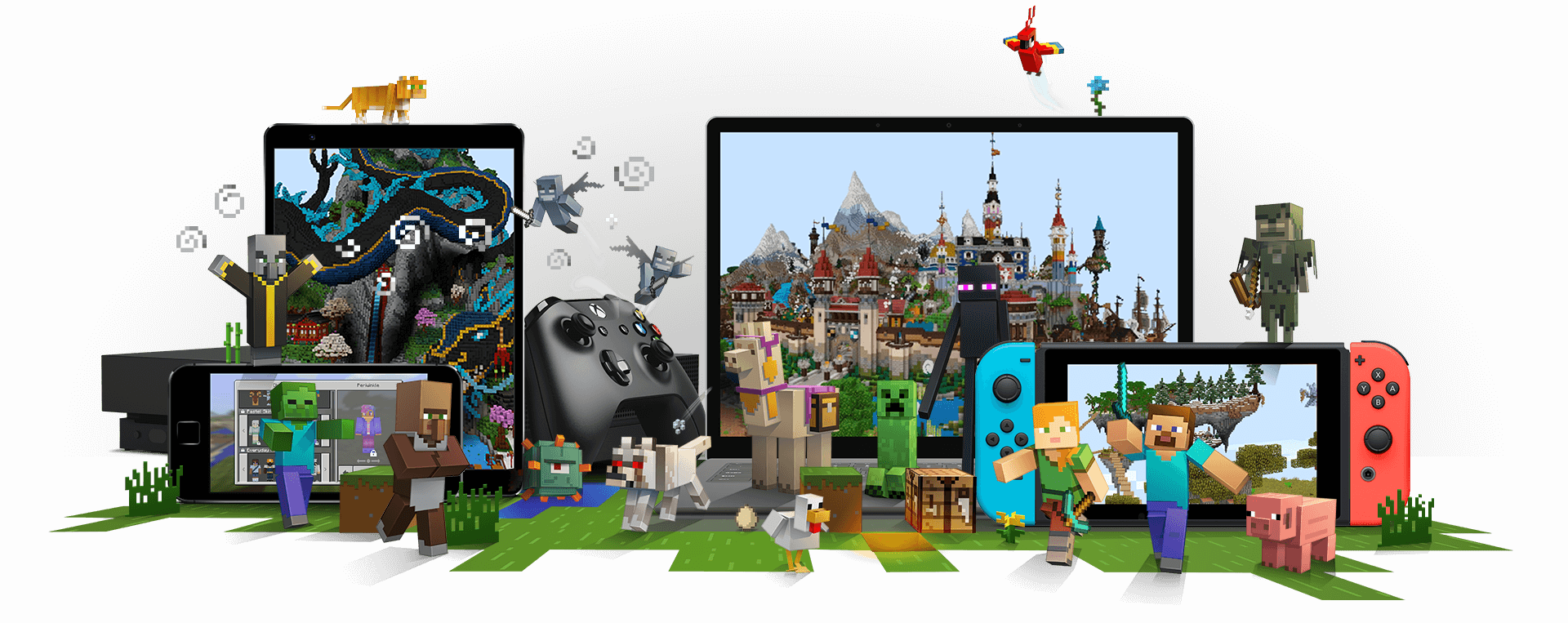 Minecraft-personages omringen apparaten waarop Minecraft speelbaar is, waaronder een Xbox, een mobiele telefoon, een laptop en een Nintendo Switch.
