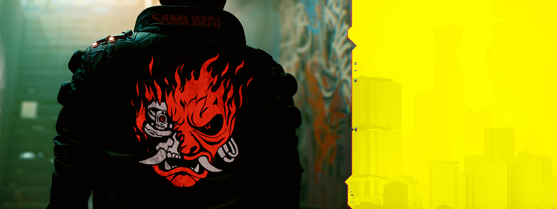 En spelare i en läderjacka med ett flammande ansikte broderat på ryggen. 