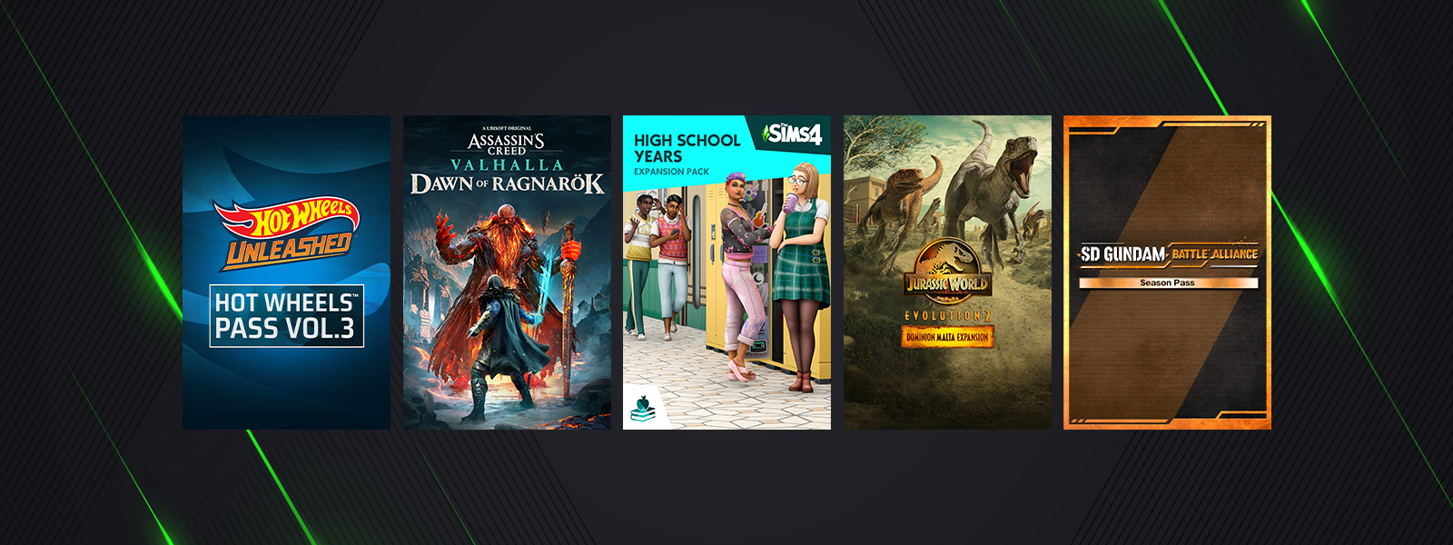 Box art from games that are part of the Game Pass Add-on Sale, including The Sims™ 4 High School Years Expansion Pack, Assassin's Creed® Valhalla: Dawn of Ragnarök, and Jurassic World Evolution 2: Dominion Malta Expansion.