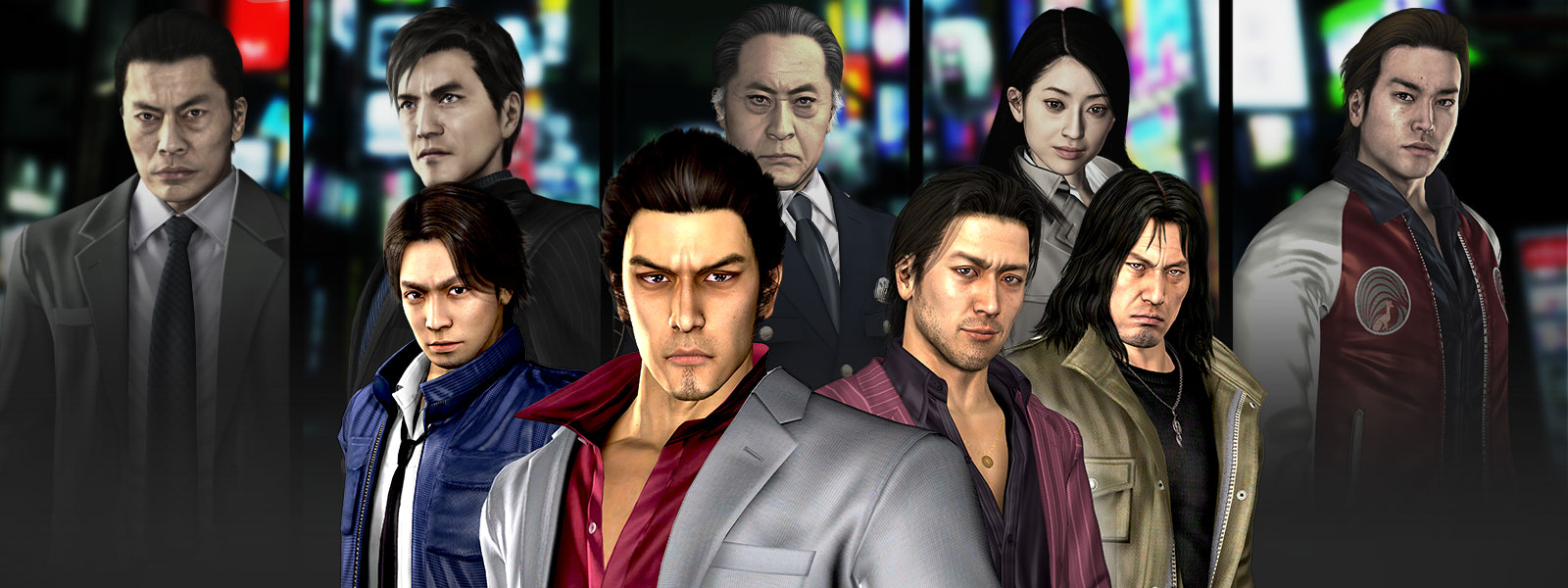Kazuma Kiryu, Masayoshi Tanimura, Shun Akiyama ve Taiga Saejima; Yakuza karakterlerinden oluşan bir kolajın önünde poz veriyor