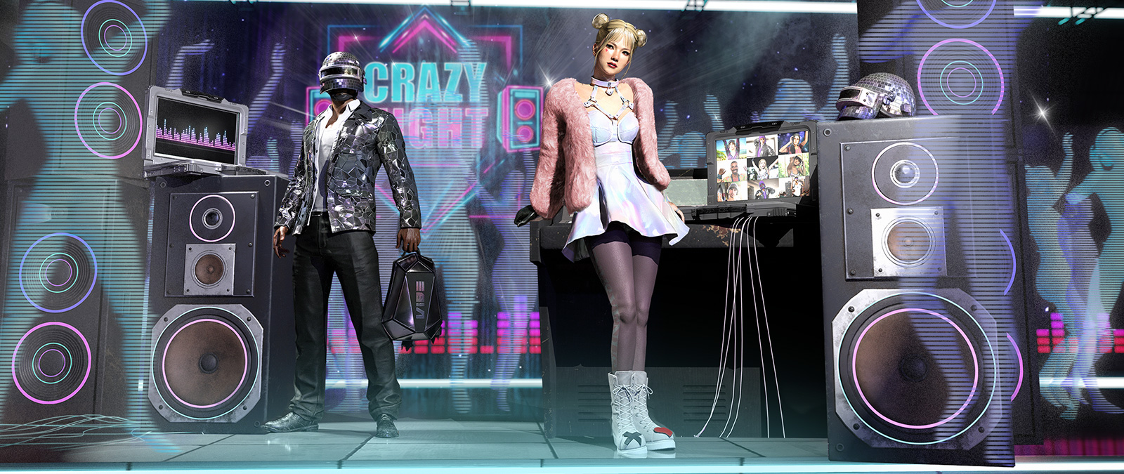 Two characters on a stage with large speakers wearing Crazy Night skins 