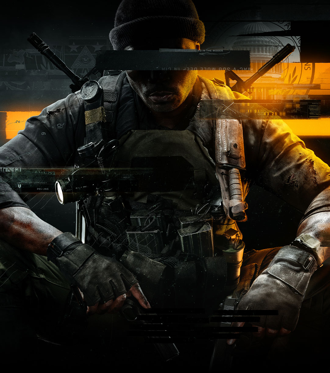 black ops soldier crouching down with two pistols in their hands.