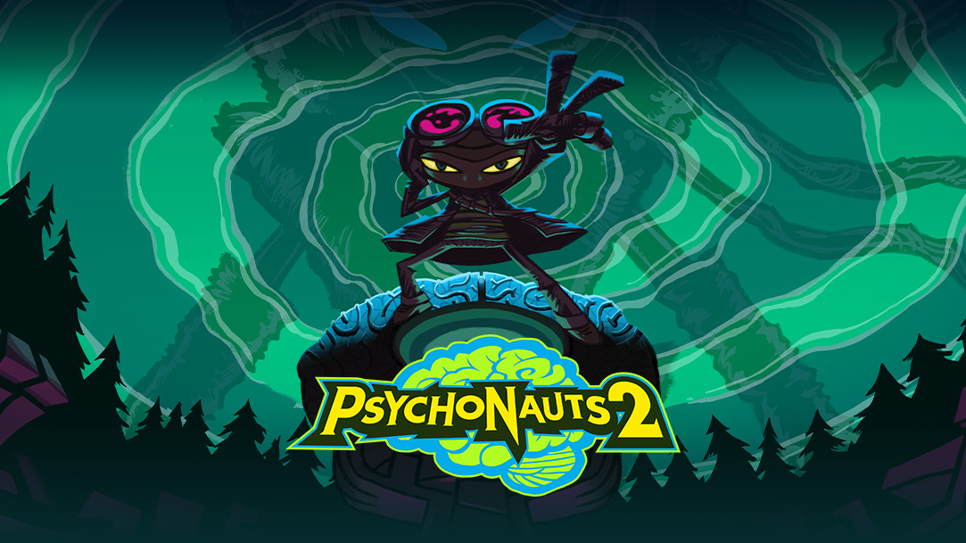 Psychonauts 2, Raz stoi z wyciągniętą ręką przed ciemnym lasem na tle zielonego, spiralnego nieba