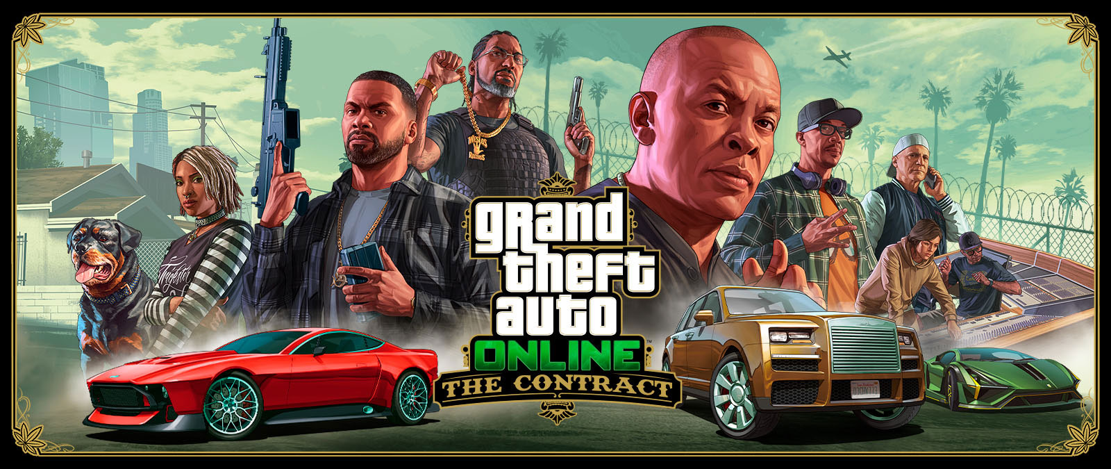 Grand Theft Auto Online, The Contract, Franklin, outros sete amigos e Chop, o cachorro, alinhados atrás de três carros exóticos. 