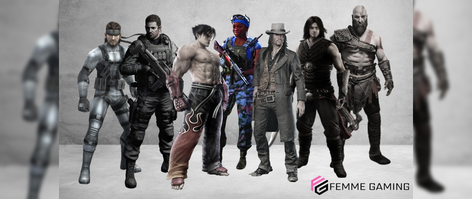 A lockup of iconic male gaming characters, flanking a single female gaming character