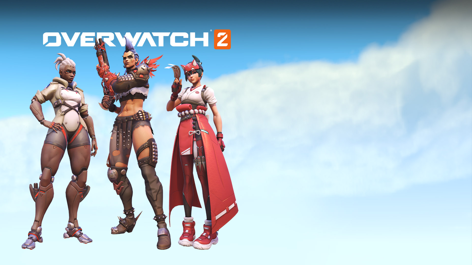 Overwatch 2, Sojourn, Junker Queen, and Kiriko pose confidently among the clouds.
