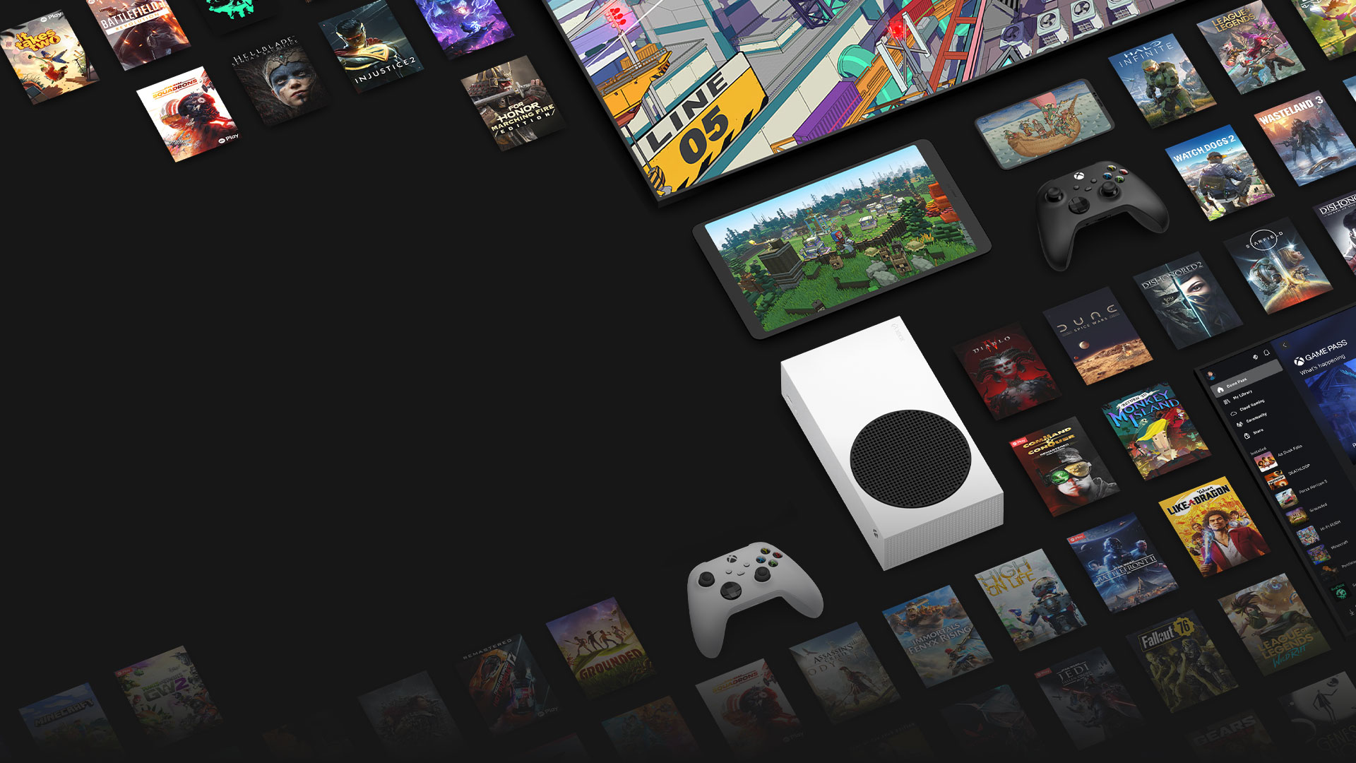 Game-Art aus mehreren jetzt mit Xbox Game Pass Ultimate verfügbaren Spielen, die mehrere Geräte umgeben, darunter eine Konsole, ein PC, ein Tablet und ein Smart TV.