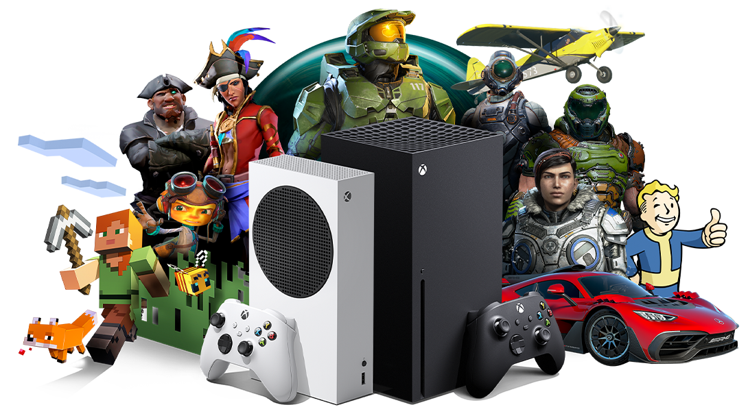 Xbox All Access, una console Xbox Series X e alcuni personaggi di giochi per Xbox