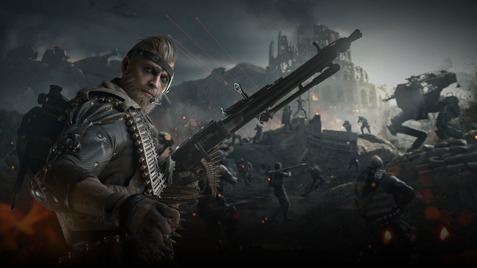 A soldier makes his way across a crowded battlefield covered in debris and vehicles.