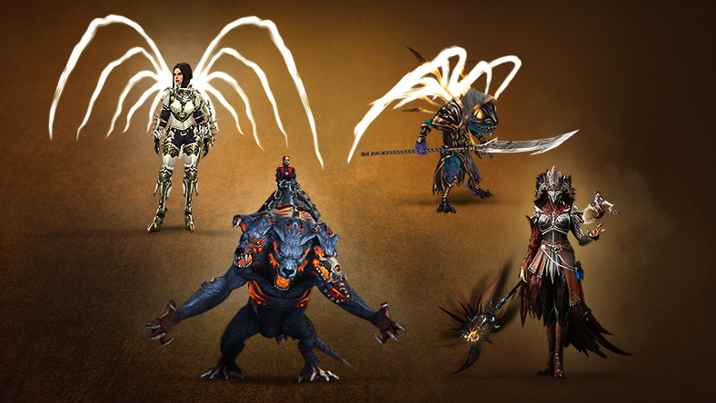 Four characters from Diablo III, World of Warcraft, and Diablo® Immortal posing with featured in-game items. 