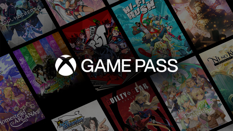 A lockup of titles available on Game Pass, including Hi-Fi RUSH, Guilty Gear Strive, and many other anime titles