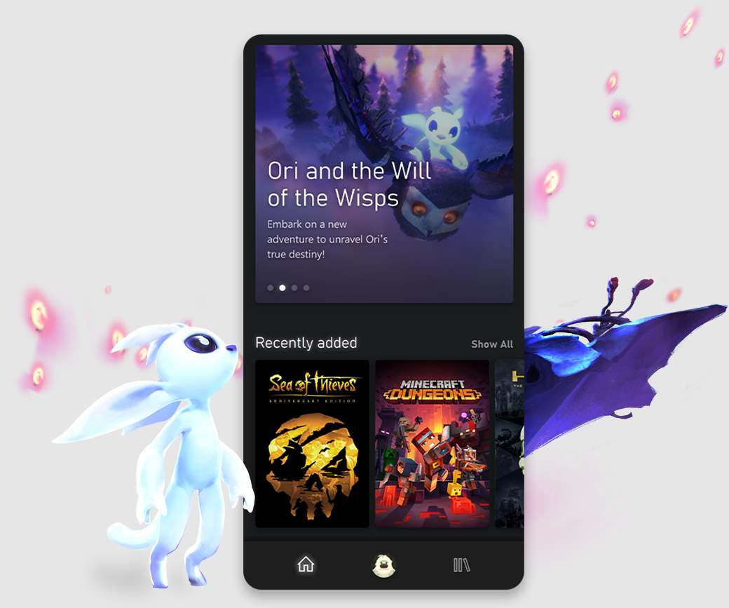 Interface utilisateur de lʼapplication mobile Xbox Game Pass, qui présente Ori and the Will of the Wisps ainsi que dʼautres titres du catalogue