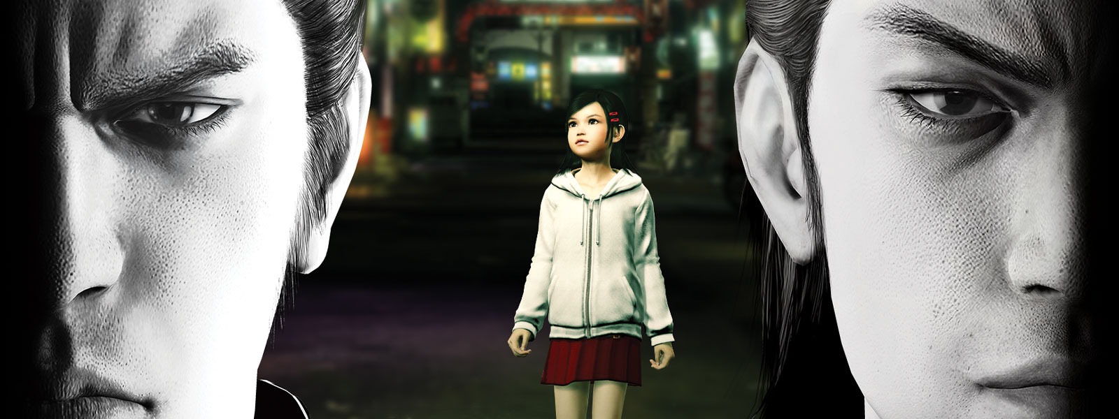 两个《Yakuza》人物忧郁地凝视着前方，一个小女孩站在他们身后的城市中。